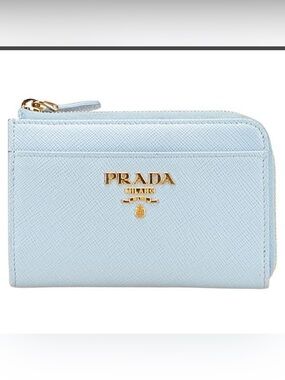 Prada Saffiano Leather Compact Wallet Light Blue with Attached Key Ring
